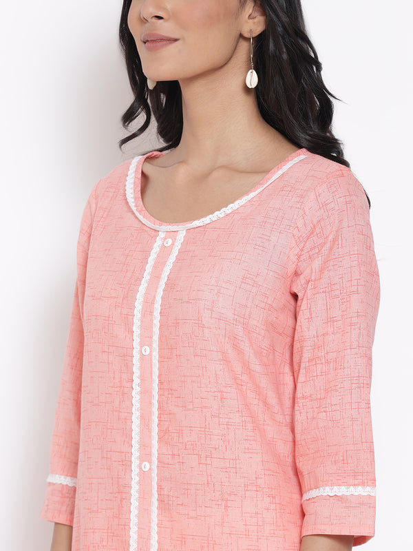 Peach Printed Round Neck kurta & Tights Set