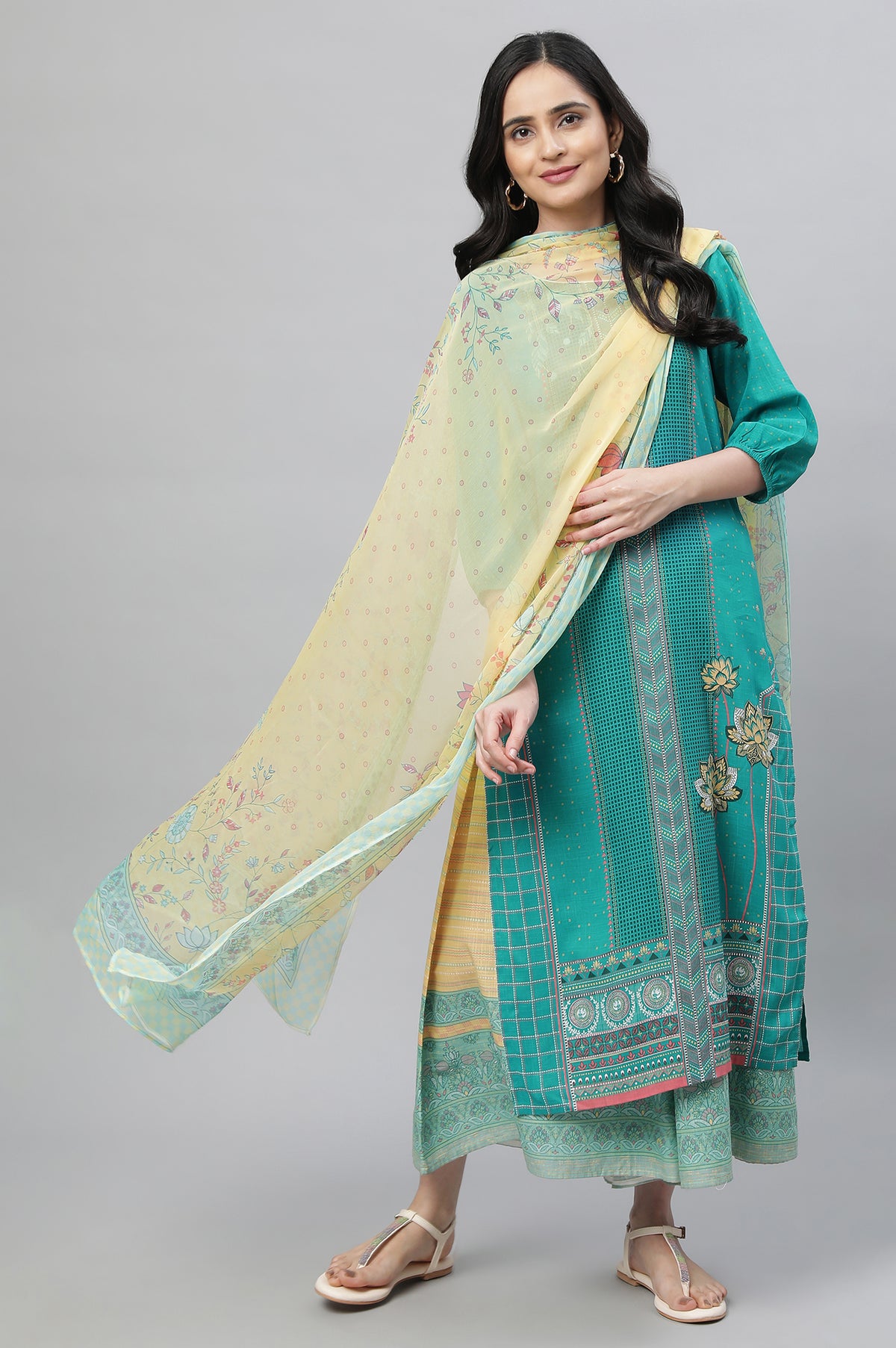 Blue Printed Kurta, Culottes & Dupatta Set - XS