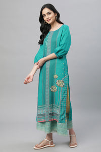 Blue Printed Kurta, Culottes &amp; Dupatta Set