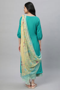 Blue Printed Kurta, Culottes &amp; Dupatta Set