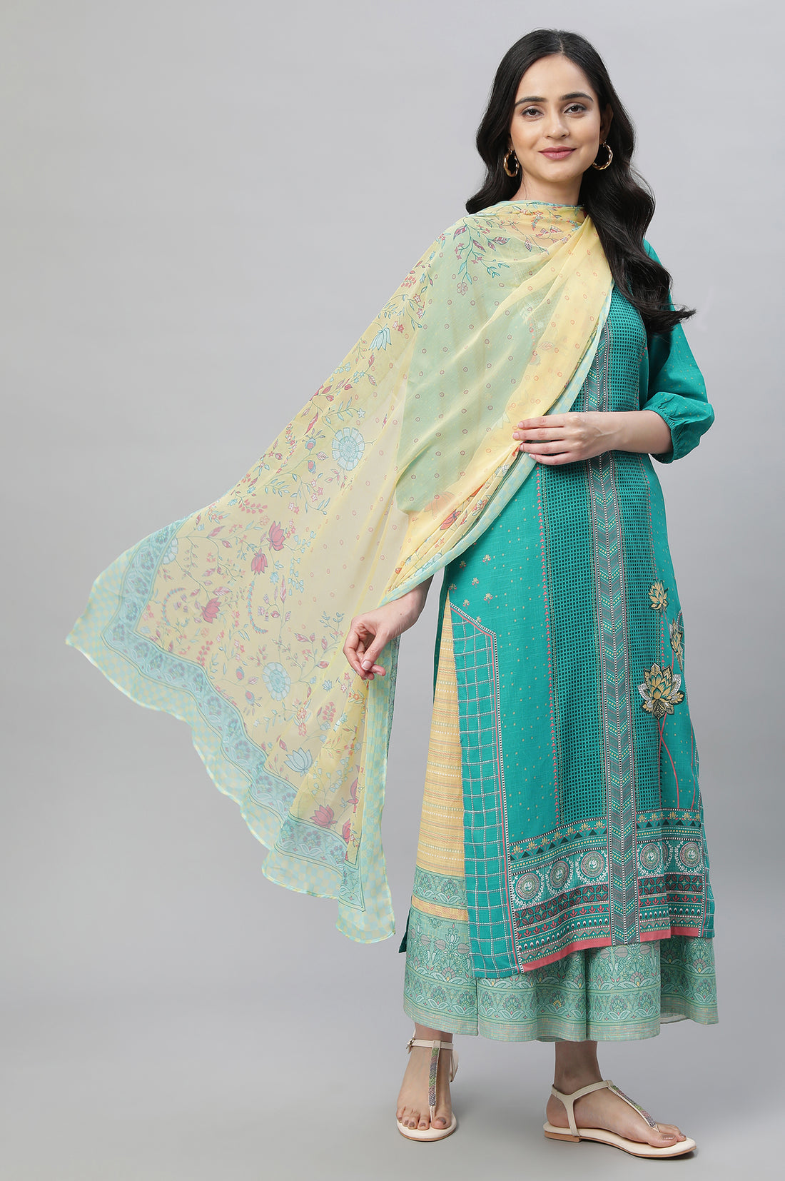 Blue Printed Kurta, Culottes &amp; Dupatta Set
