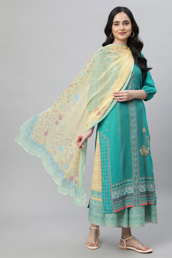 Blue Printed Kurta, Culottes & Dupatta Set