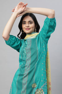 Blue Printed Kurta, Culottes &amp; Dupatta Set