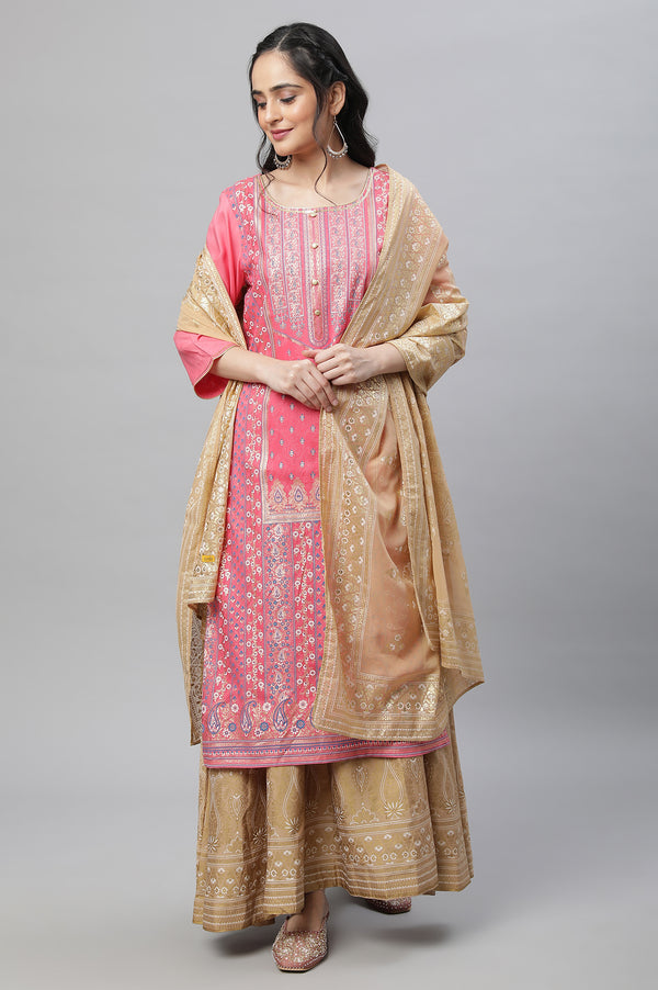 Pink Festive Ethnic LIVA kurta, Skirt & Dupatta Set