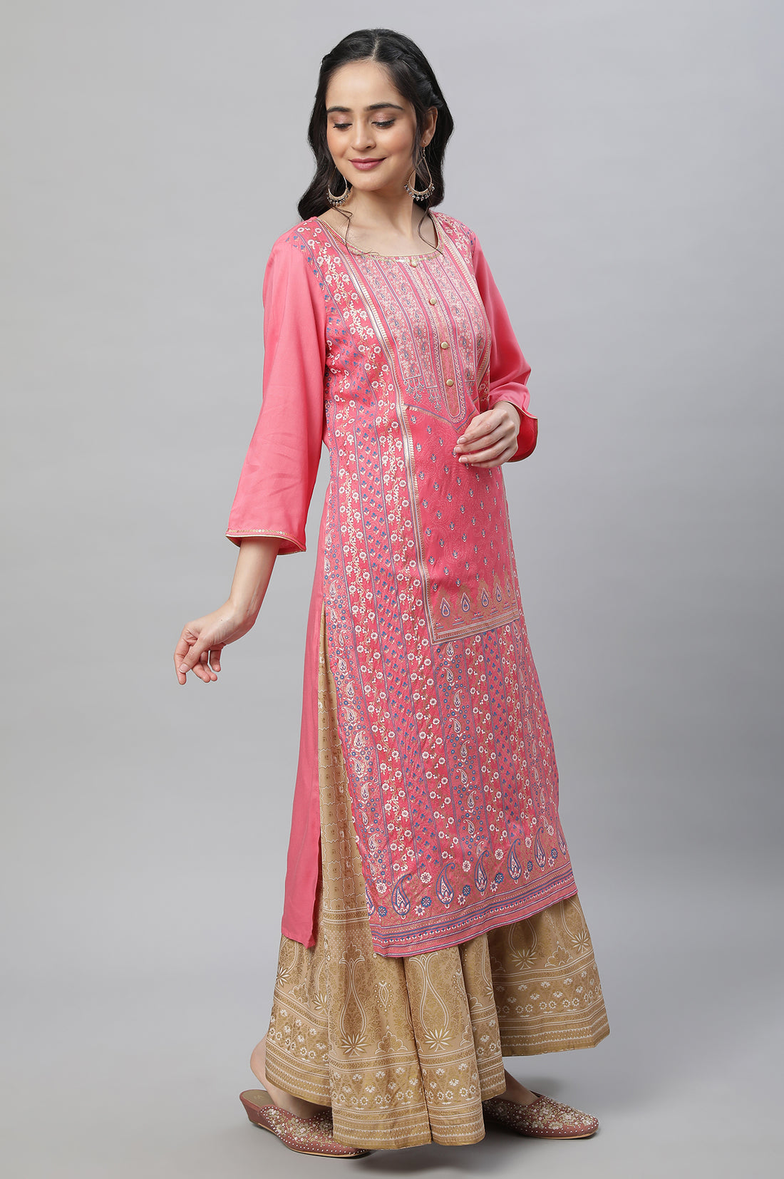 Pink Festive Ethnic LIVA kurta, Skirt &amp; Dupatta Set