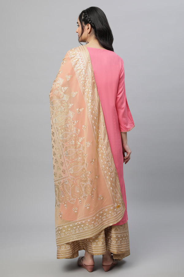 Pink Festive Ethnic LIVA kurta, Skirt & Dupatta Set