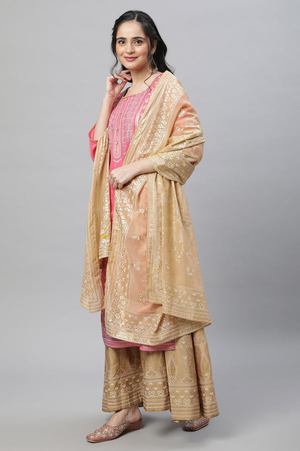 Pink Festive Ethnic LIVA kurta, Skirt & Dupatta Set