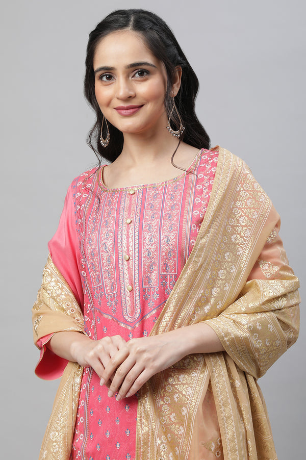 Pink Festive Ethnic LIVA kurta, Skirt & Dupatta Set