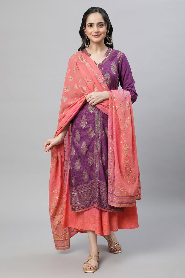 Purple Festive Printed Kurta, Culottes & Dupatta Set