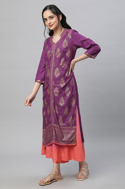 Purple Festive Printed Kurta, Culottes &amp; Dupatta Set