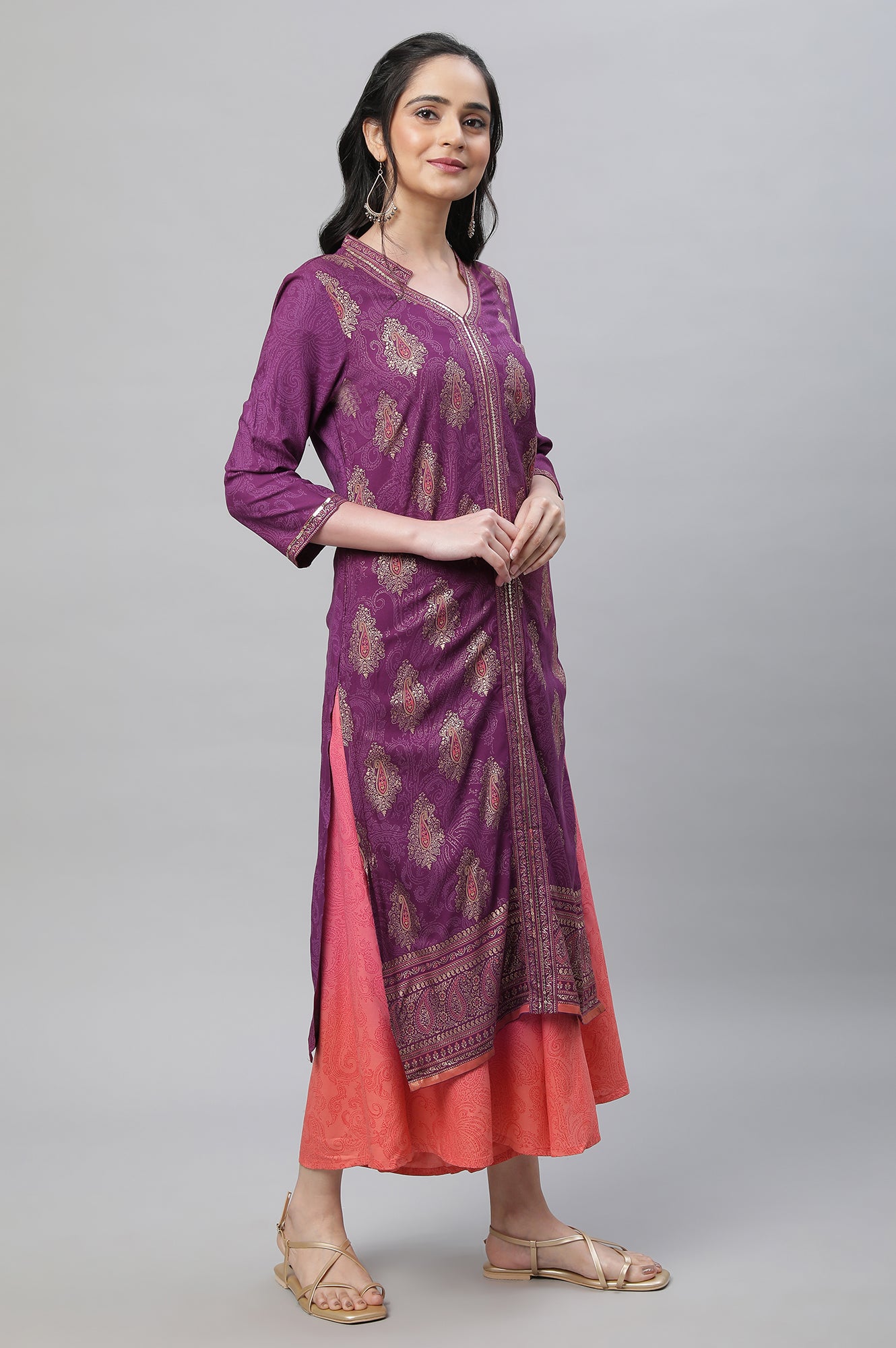 Purple Festive Printed Kurta, Culottes &amp; Dupatta Set