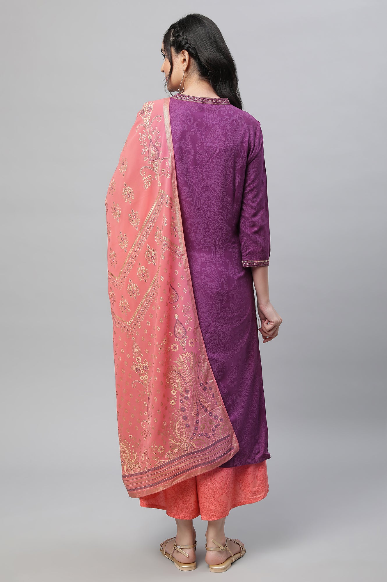 Purple Festive Printed Kurta, Culottes &amp; Dupatta Set