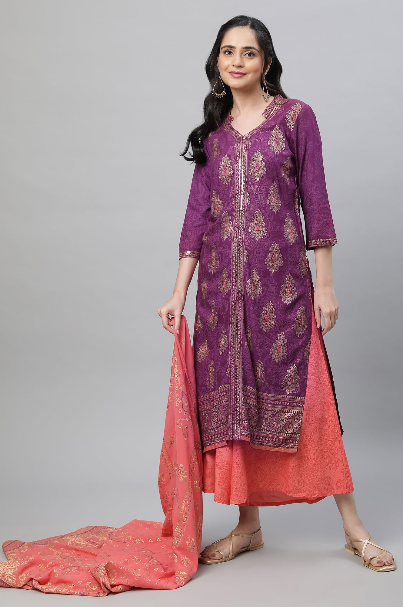 Purple Festive Printed Kurta, Culottes &amp; Dupatta Set