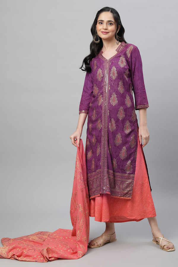 Purple Festive Printed Kurta, Culottes & Dupatta Set