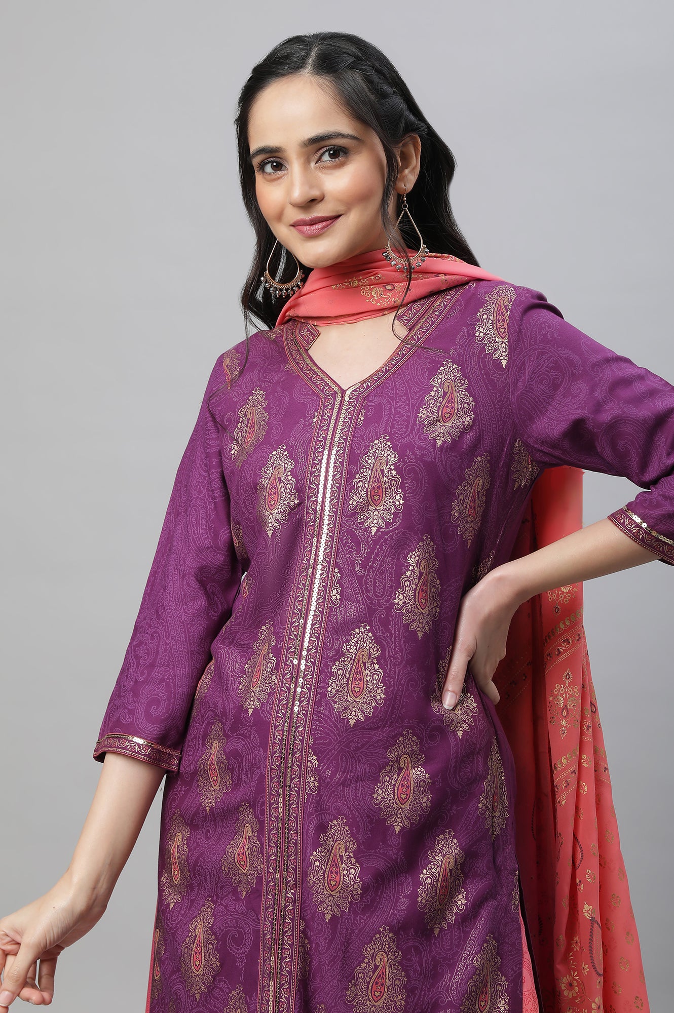 Purple Festive Printed Kurta, Culottes &amp; Dupatta Set