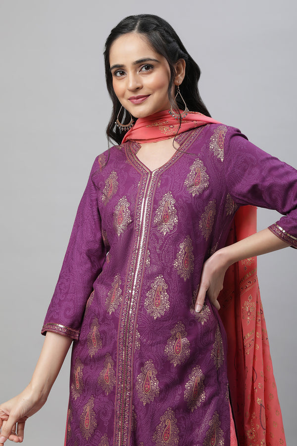 Purple Festive Printed Kurta, Culottes & Dupatta Set