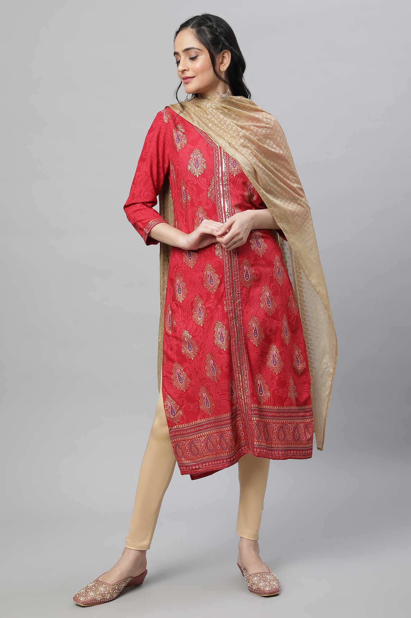 Pink Festive Printed Kurta, Tights &amp; Dupatta Set