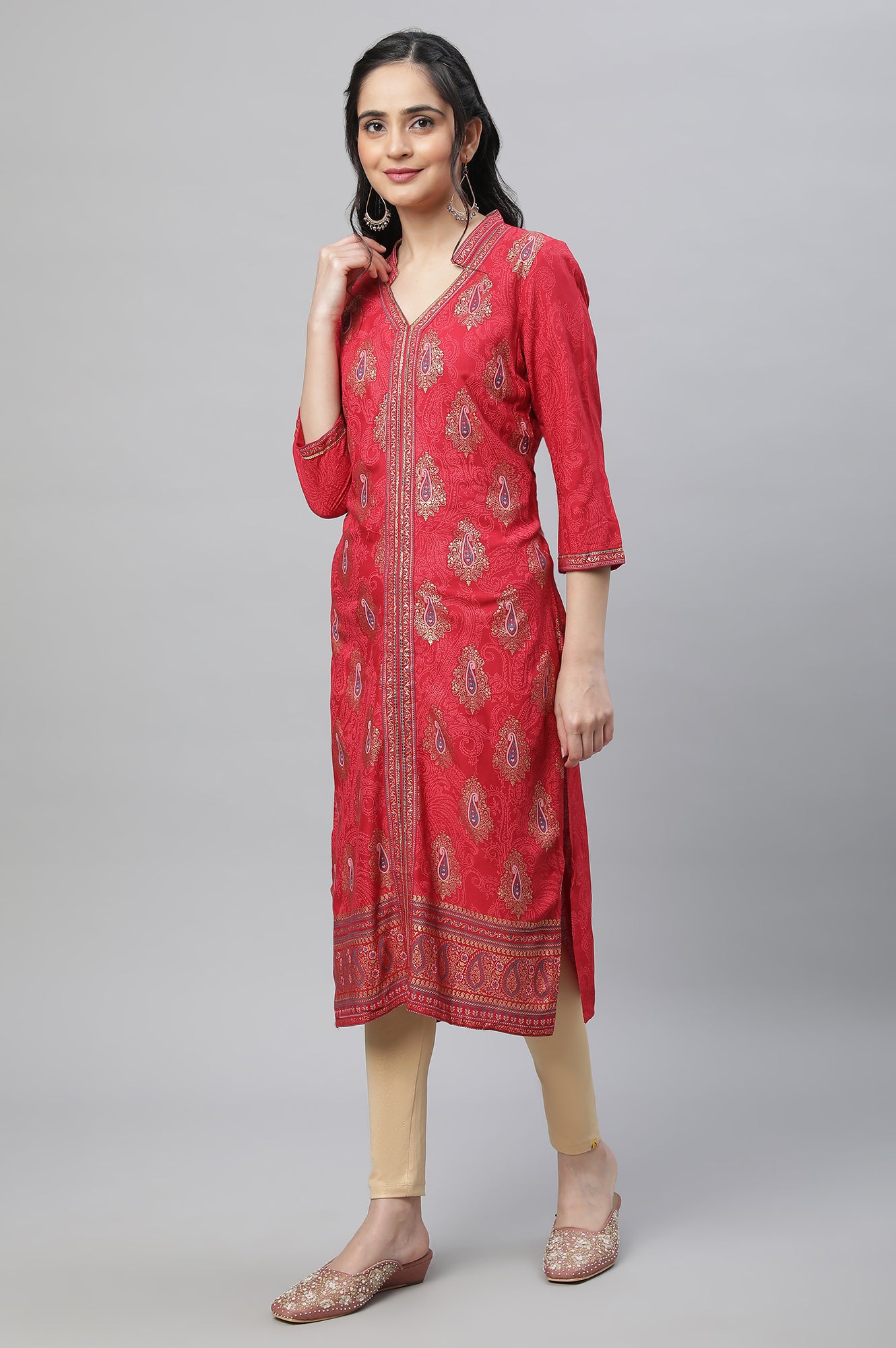 Pink Festive Printed Kurta, Tights &amp; Dupatta Set