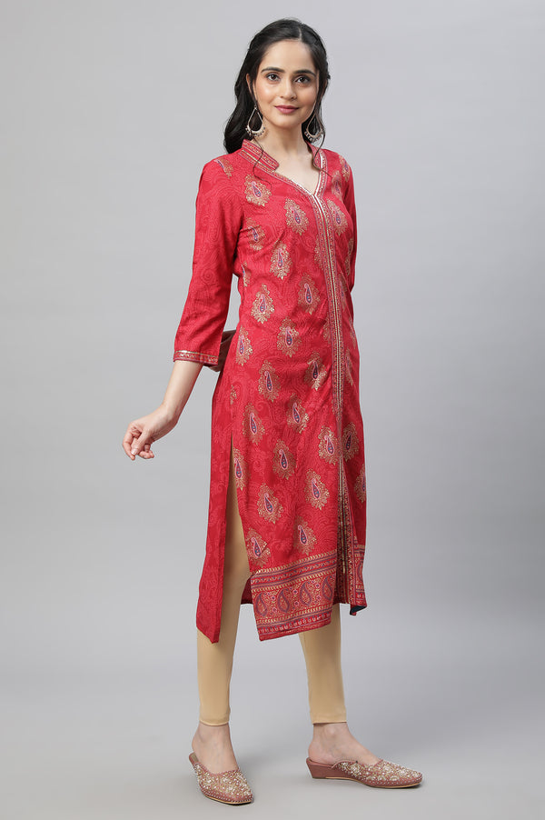 Pink Festive Printed Kurta, Tights & Dupatta Set