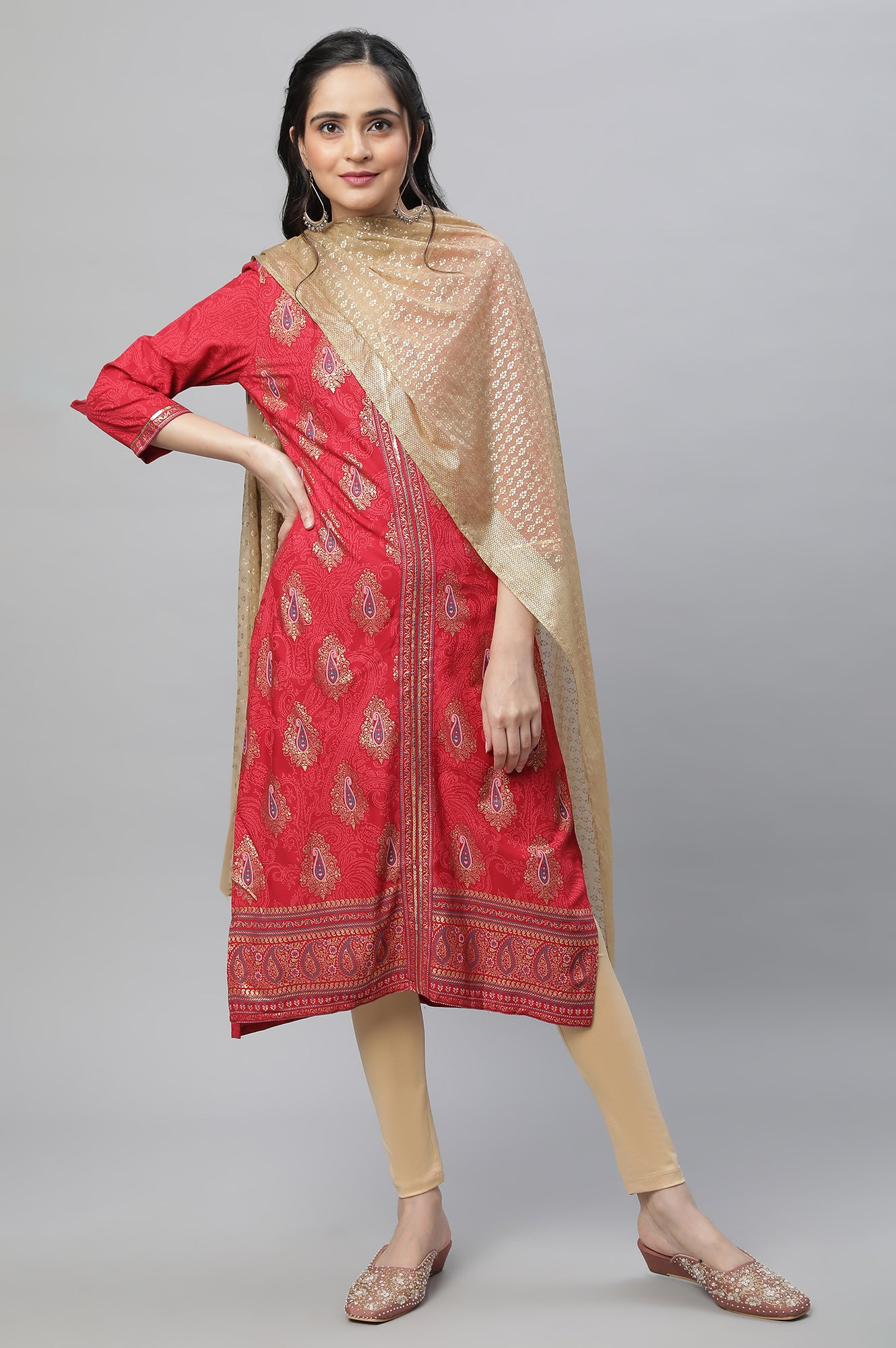 Pink Festive Printed Kurta, Tights &amp; Dupatta Set