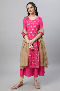 Pink Festive Printed Kurta, Tights &amp; Dupatta Set