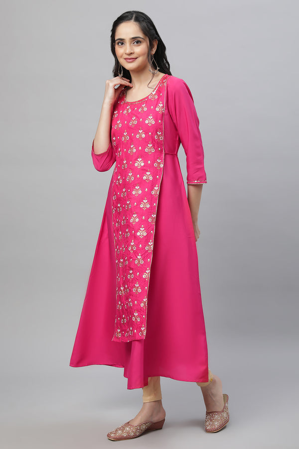 Pink Festive Printed Kurta, Tights & Dupatta Set