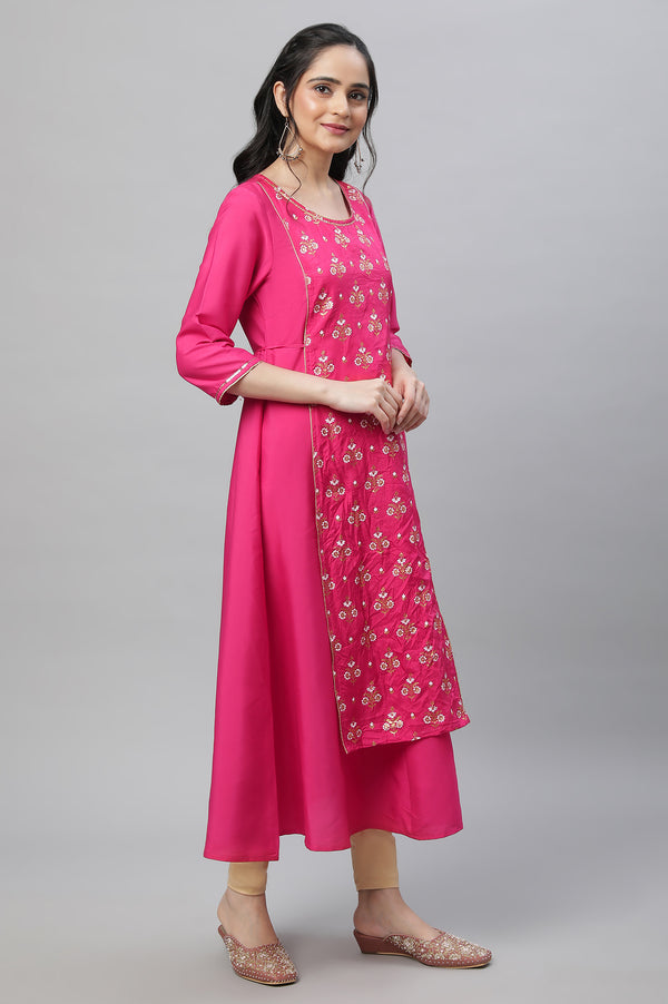 Pink Festive Printed Kurta, Tights & Dupatta Set