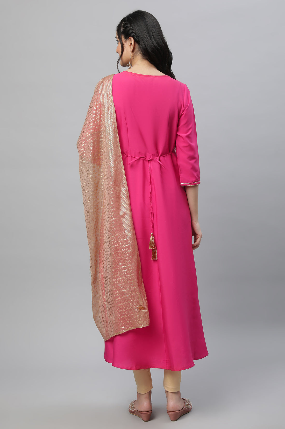 Pink Festive Printed Kurta, Tights &amp; Dupatta Set