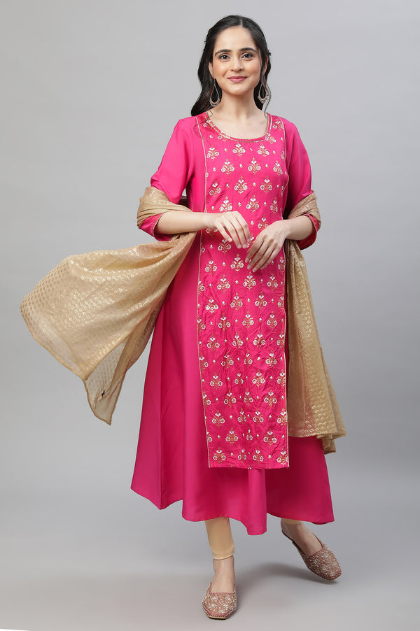 Pink Festive Printed Kurta, Tights & Dupatta Set