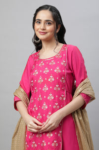 Pink Festive Printed Kurta, Tights &amp; Dupatta Set