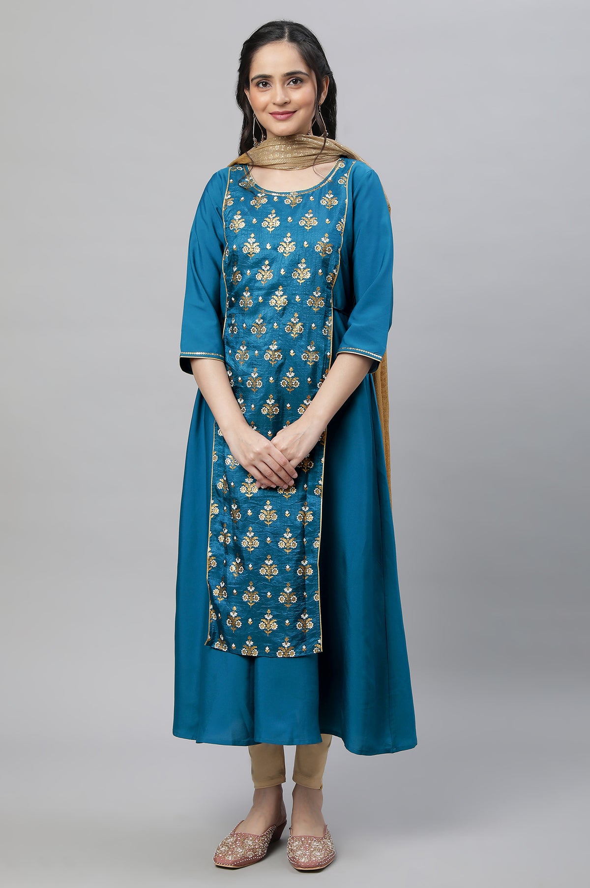 Blue Festive Printed Kurta, Tights & Dupatta Set - XS