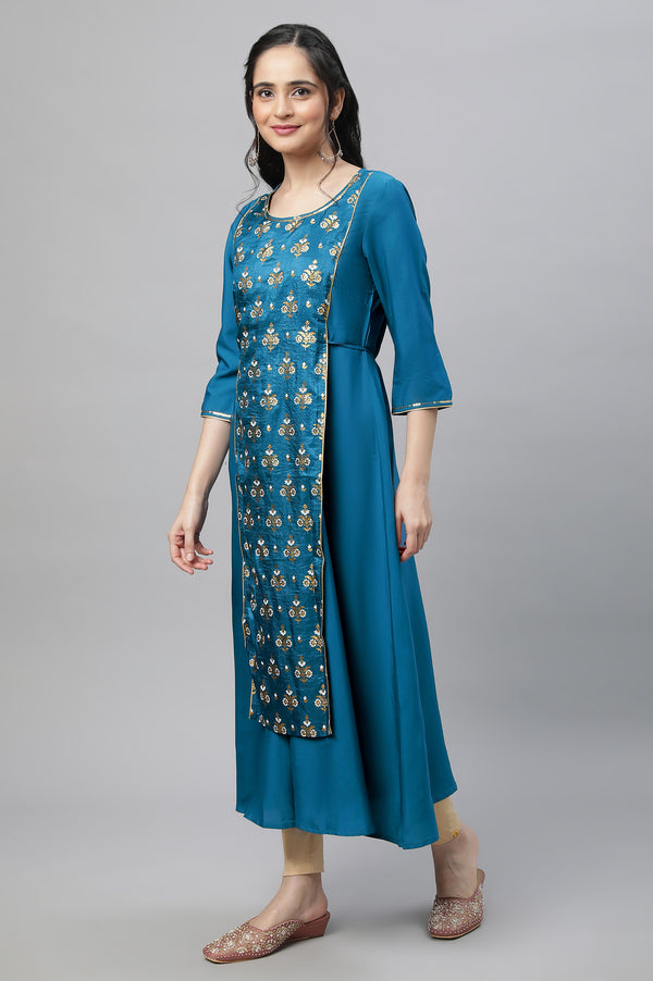 Blue Festive Printed Kurta, Tights & Dupatta Set