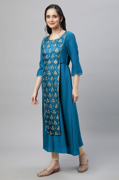 Blue Festive Printed Kurta, Tights & Dupatta Set