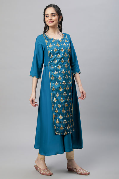 Blue Festive Printed Kurta, Tights & Dupatta Set