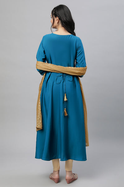 Blue Festive Printed Kurta, Tights & Dupatta Set