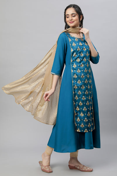 Blue Festive Printed Kurta, Tights & Dupatta Set
