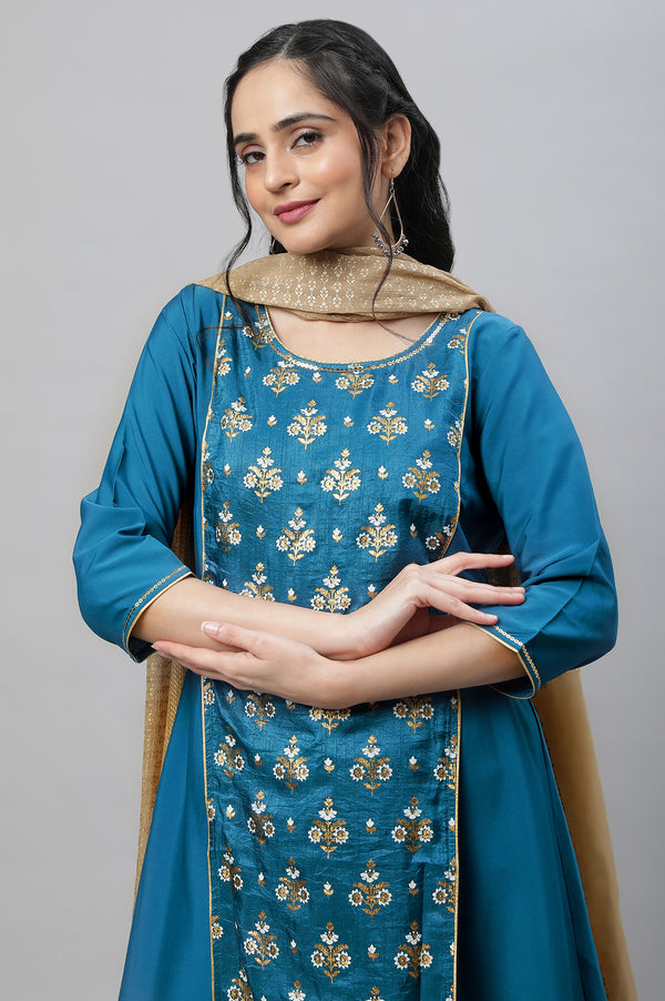 Blue Festive Printed Kurta, Tights & Dupatta Set