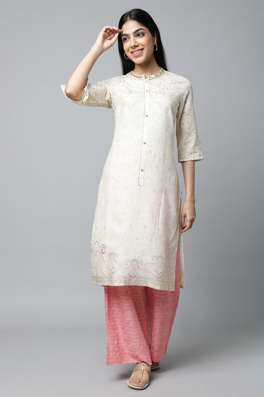 White Floral Printed Festive kurta Set