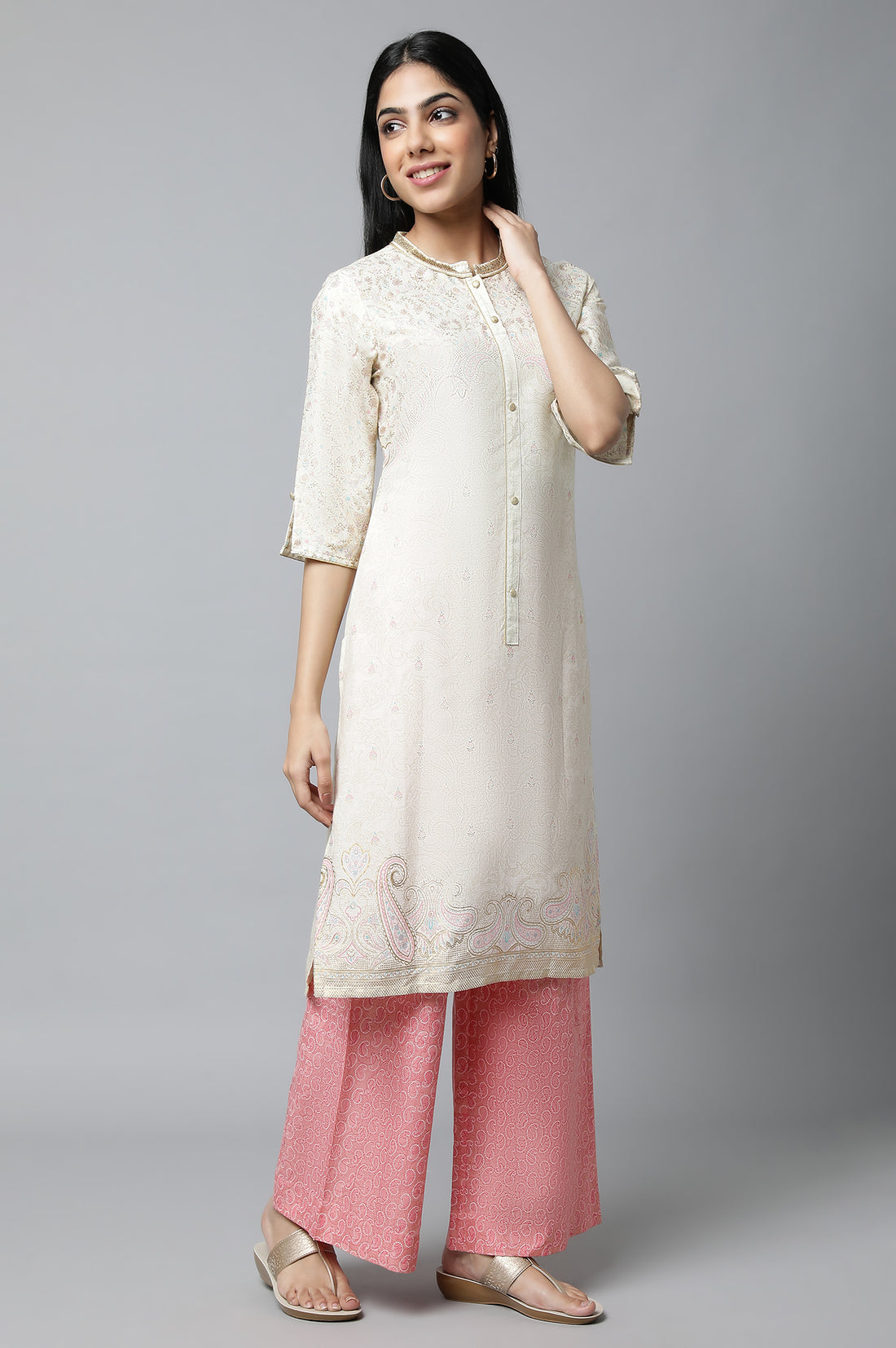 White Floral Printed Festive kurta Set