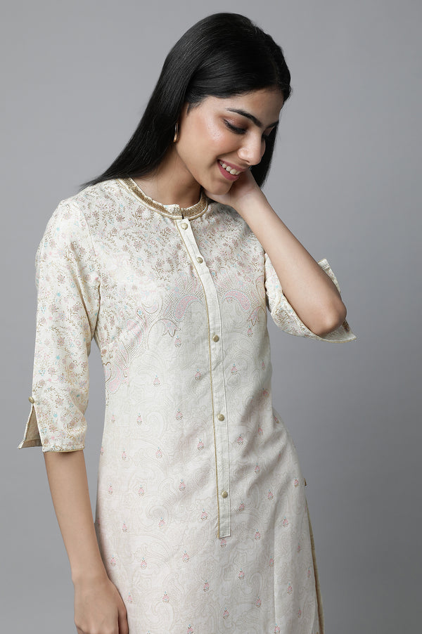 White Floral Printed Festive kurta Set