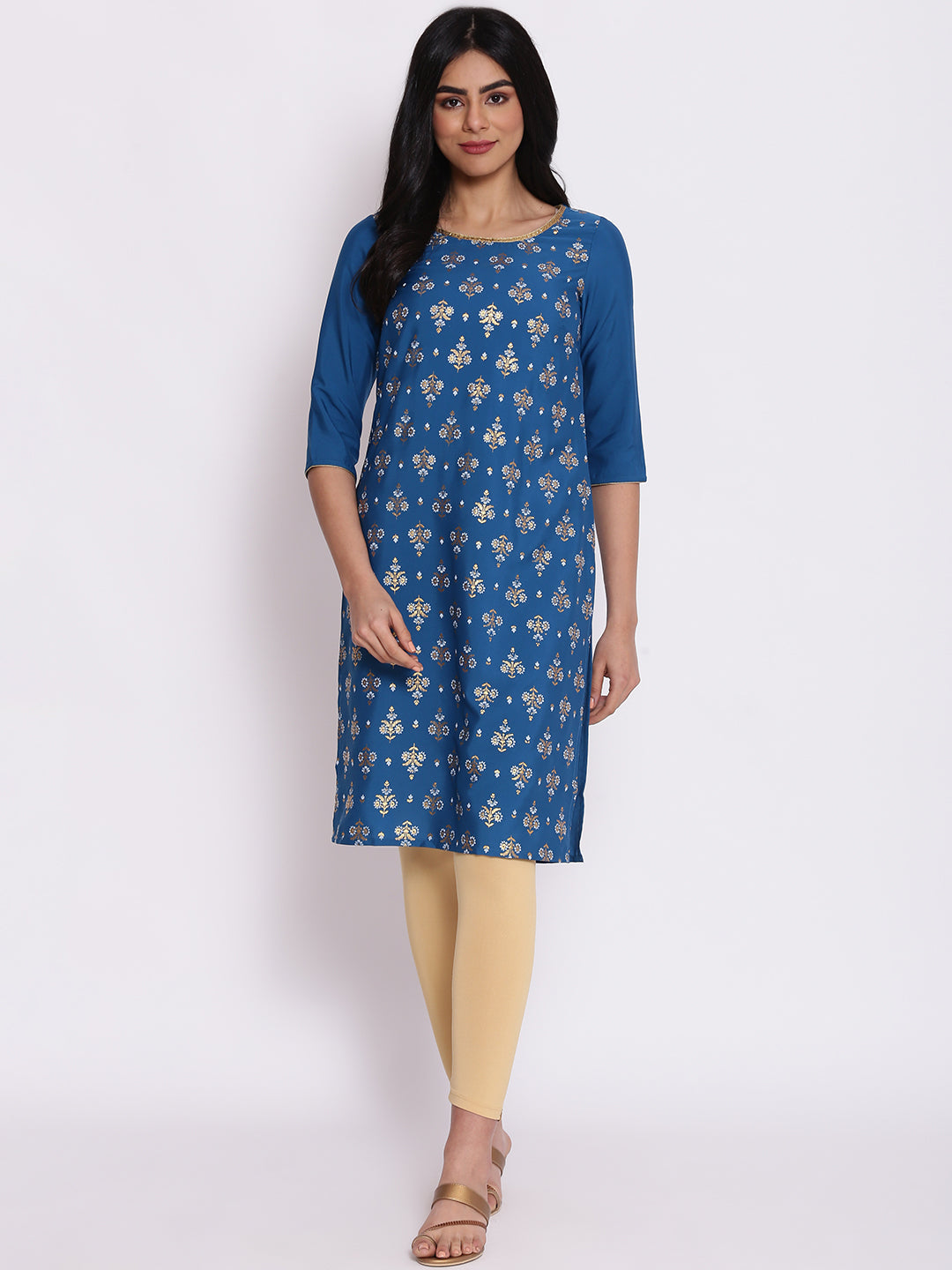 Blue Floral Print kurta &amp; Tights Set