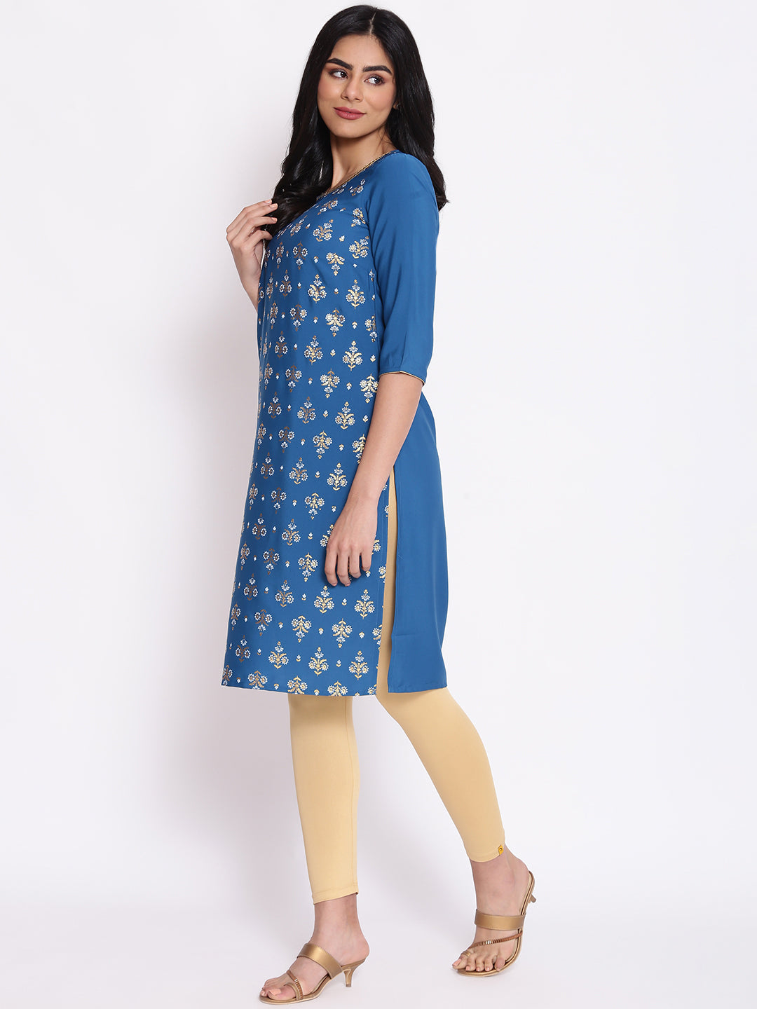 Blue Floral Print kurta &amp; Tights Set