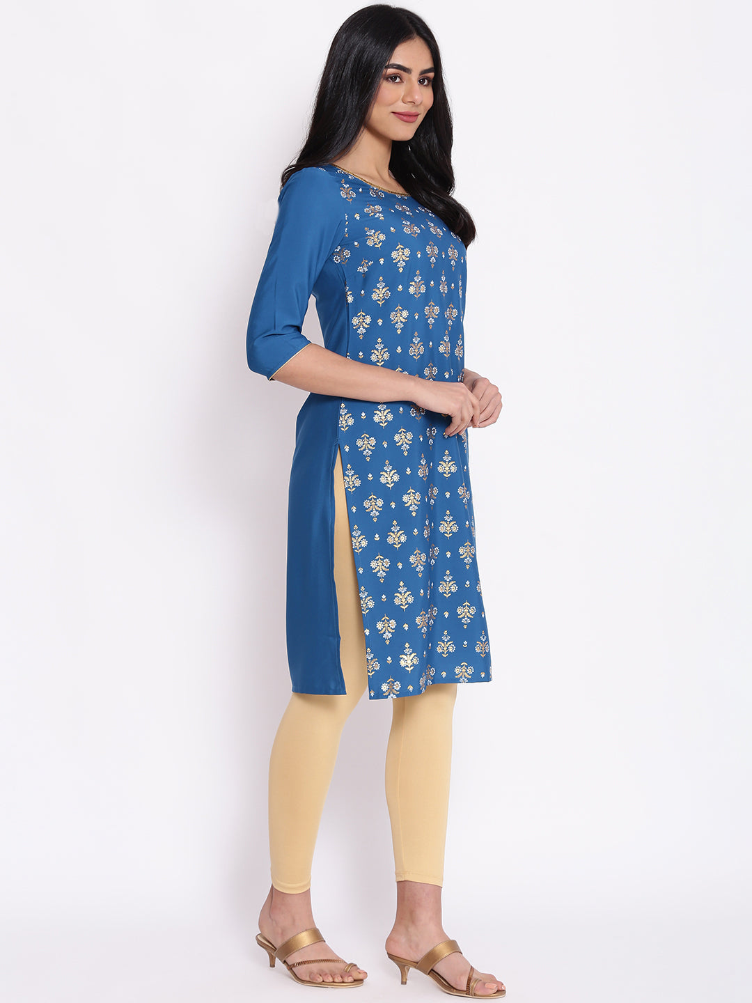 Blue Floral Print kurta &amp; Tights Set