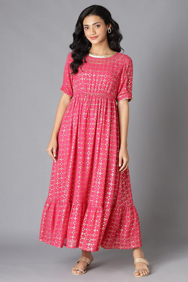 Pink Floral Printed Flared Dress & Tights Set