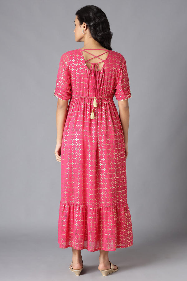 Pink Floral Printed Flared Dress & Tights Set