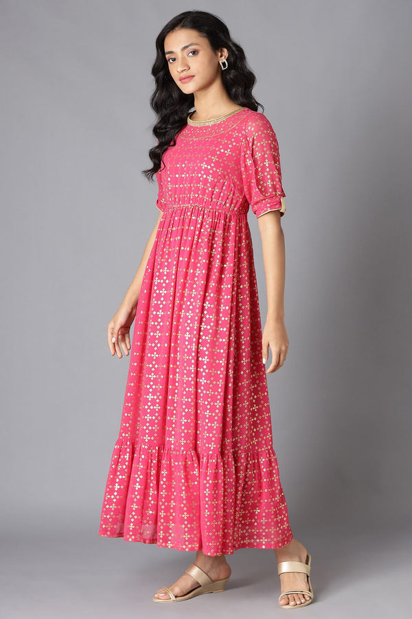 Pink Floral Printed Flared Dress & Tights Set