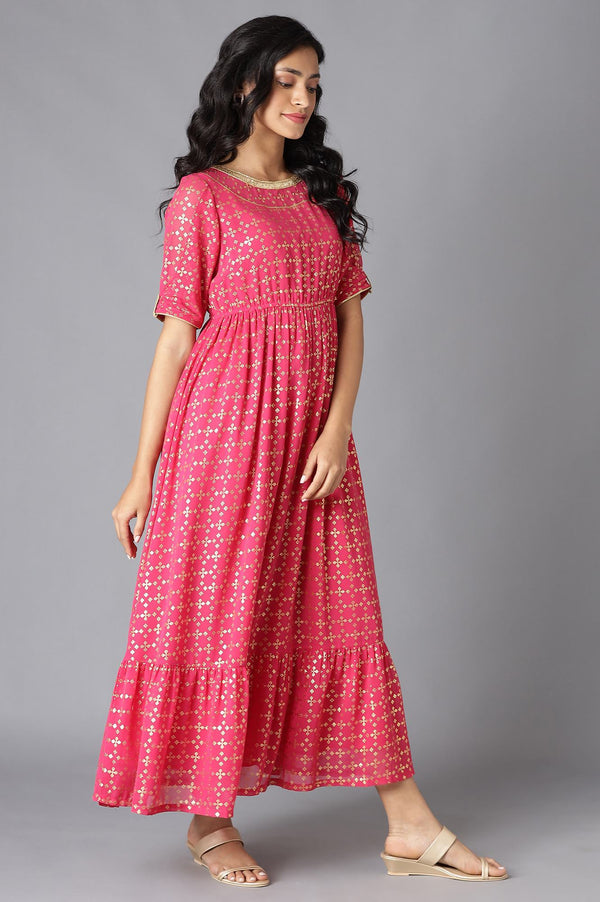 Pink Floral Printed Flared Dress & Tights Set