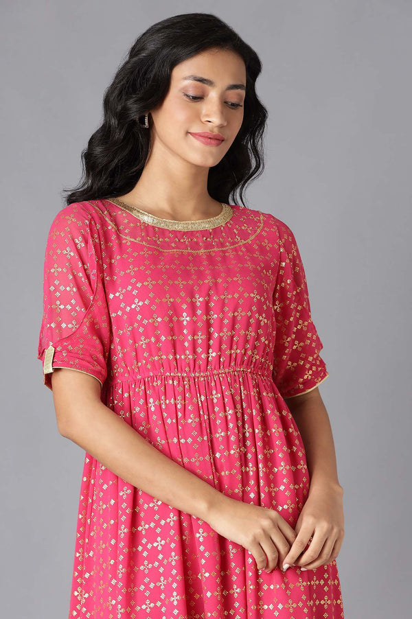 Pink Floral Printed Flared Dress & Tights Set