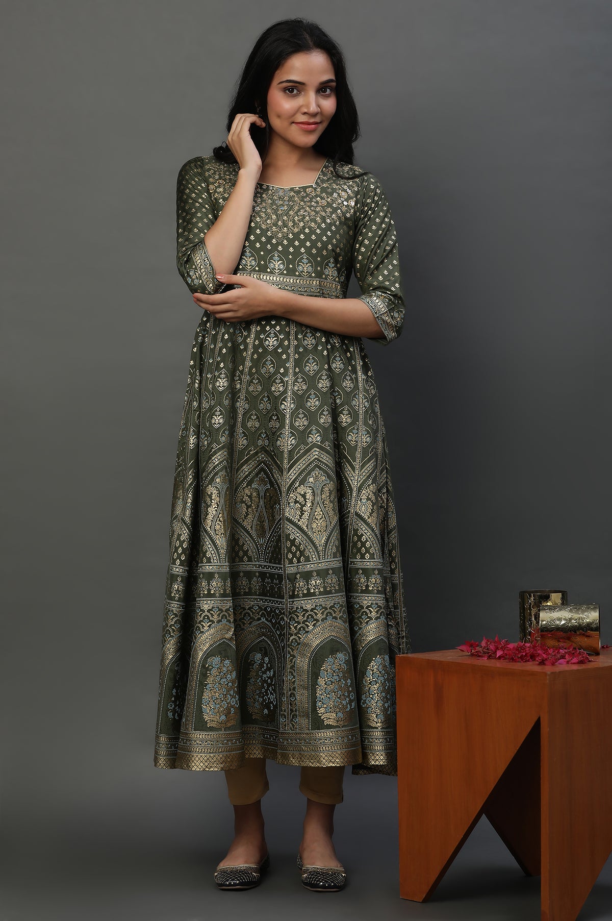 Green Printed Dress & Tights Set - XS