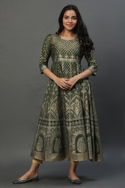 Green Printed Dress & Tights Set